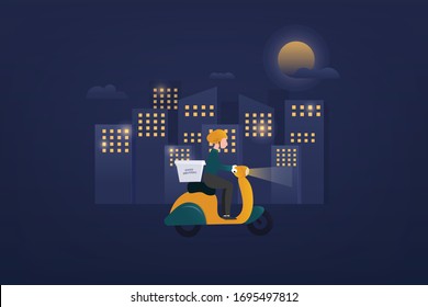 Night food delivery service E-commerce concept by scooter courier. Hand holding mobile application tracking a delivery riding 24 hour on a moped. city skyline in the background, vector