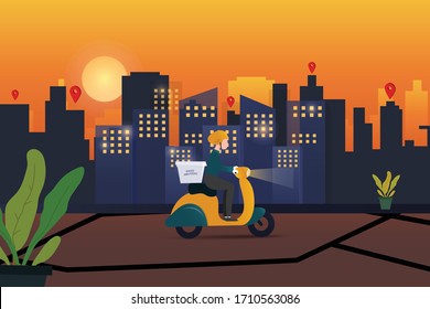 Night food delivery service E-commerce concept by scooter courier. vector