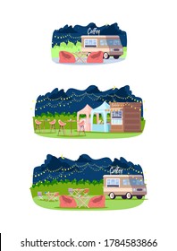 Night food event semi flat vector illustration set. Van to sell coffee. Outdoor store selling snacks. Nighttime fair in urban park. Summer food court 2D cartoon scene pack for commercial use