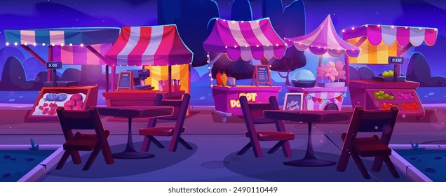 Night food market. Fair stall and festival booth cartoon. Summer event with local marketplace and tent store. Cute village fest with retail seller decoration scene. Outside farm shop in park