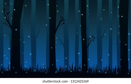 Night forest background with fireflies of dimly lit. Vector illustration.