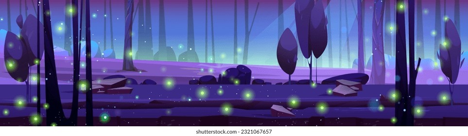 Night forest background with green fireflies glowing in darkness. Vector cartoon illustration of dark landscape with old trees, bushes and grass, magic lights sparkling in air, moonlight beam