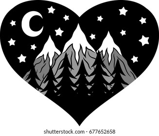 Night forest in the background of mountains with moon and stars