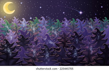 Night forest background, vector illustration