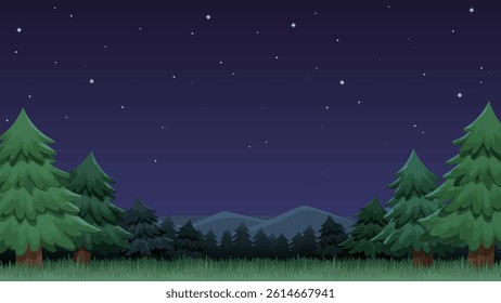 Night Forest Background – Wide Starry Sky Scene with Pine Trees, Mountains, Nature Landscape, Horizontal Nighttime Illustration