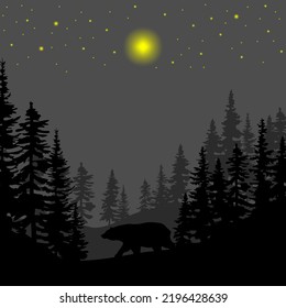 night forest bear. Summer illustration. Mountains, forest. Vector illustration. stock image.