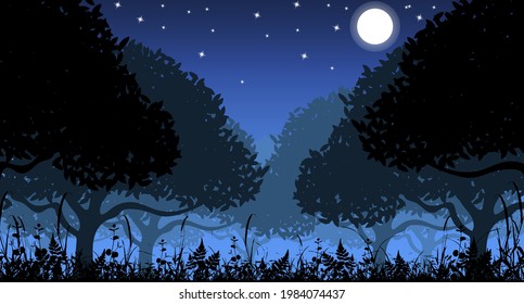 Night in the forest, beautiful landscape, with moon, forest silhouette. Vector illustration