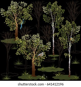 At night in the forest. Birch and alder trees, birds and graphic elements. Vector 10.