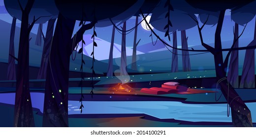 Night forest with camp, fire, river and mountains