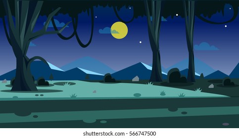 Night Forest Cartoon Flat Vector