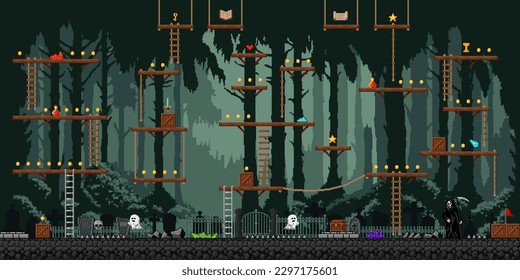 Night forest and cemetery game level map. Console gaming app level, mobile game vector environment landscape or videogame backdrop. Retro arcade screen with cemetery ghost, gravestone and wooden boxes