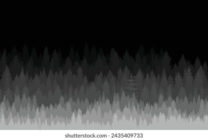 Night forest dark woods scene background wallpaper jungle trees light night nature vector twilight background black and white illustration