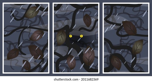 el bosque nocturno y los ojos de un depredador - conjunto de vectores de arte mural; para arte mural, afiche, papel tapiz, impresión