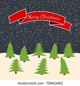 Night forest with falling snow and a red ribbon with the inscription Happy Christmas. Vector illustration.