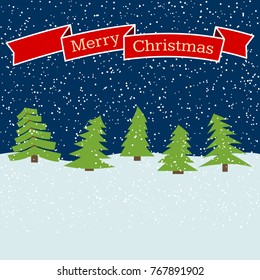 Night forest with falling snow and a red ribbon with the inscription Happy Christmas. Vector illustration.