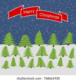Night forest with falling snow and a red ribbon with the inscription Happy Christmas. Vector illustration.