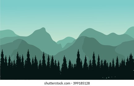 Night forest with fir trees silhouettes and mouentain