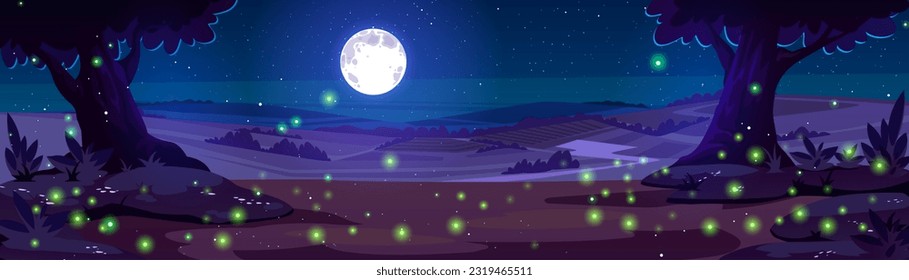 Night forest with firefly cartoon vector landscape background. Full moon and tree dark countryside scene illustration. Spooky fantasy glowworm scenery at nighttime. Mysterious valley environment