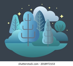 Night forest. Flat cartoon style symbolic illustration. Landscape in dark colors. Rural wildlife shrubs. Darkness and twilight. Country scene. Beautiful art picture. Vector