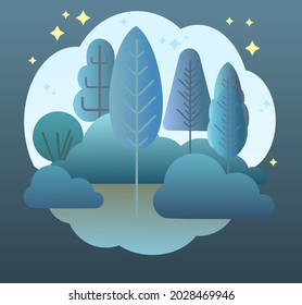 Night forest. Flat cartoon style symbolic illustration. Landscape in dark colors. Rural wildlife shrubs. Darkness and twilight. Country scene. Beautiful art picture. Vector