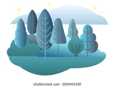 Night forest. Flat cartoon style symbolic illustration. Landscape in dark colors. Rural wildlife with Trees. Darkness and twilight. Country scene. Isollated Beautiful art picture. Vector.
