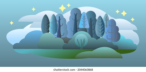 Bosque nocturno. Ilustración simbólica de dibujos animados planos. Paisaje en colores oscuros. Vida silvestre rural. Árboles y arbustos. Oscuridad y ocaso. Escena de campo con árboles. Hermosa foto de arte. Vector.