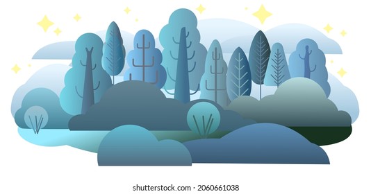 Night forest. Flat cartoon style symbolic illustration. Landscape in dark colors. Rural wildlife with Trees. Darkness and twilight. Country scene. Isollated Beautiful art picture. Vector.