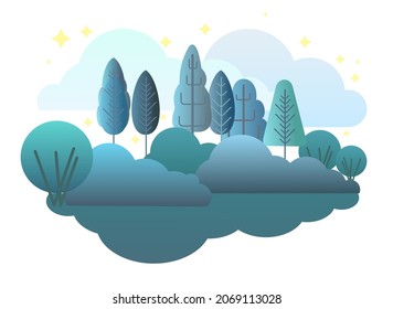 Night forest. Flat cartoon style symbolic illustration. Landscape in dark colors. Rural wildlife with Trees. Darkness and twilight. Country scene. Isollated Beautiful art picture. Vector.