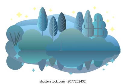 Bosque nocturno. Ilustración simbólica de dibujos animados planos. Paisaje en colores oscuros. Vida silvestre rural con árboles. Oscuridad y ocaso. Escena de campo. Hermosa foto de arte aislada. Vector.