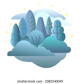 Night forest. Flat cartoon style symbolic illustration. Landscape in dark colors. Rural wildlife with Trees. Darkness and twilight. Country scene. Isollated Beautiful art picture. Vector.