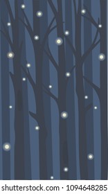 Night forest with flying fireflies. Background with tree trunks.