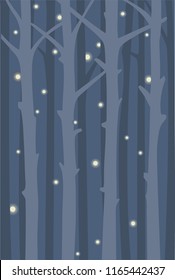 Night forest with flying fireflies. Background with tree trunks.