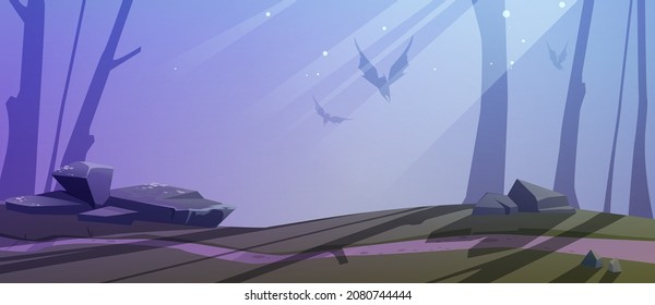 Bosque nocturno con ratones voladores. Ilustración vectorial de un paisaje de bosque nocturno con pista y luz de la luna. Paisaje natural nocturno. Paisaje forestal nocturno con senderos y piedras