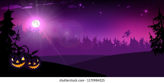 night forest and full moon on Halloween