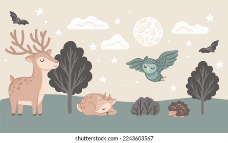 Night in the forest, hand drawn vector  illustration for nursery decor, baby’s room wallpaper mural