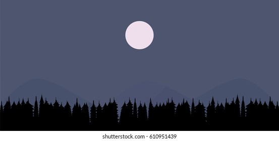 Night forest, hills and full moon vector illustration
silhouette, flat