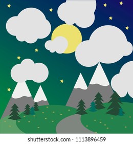 Night forest with the image of the moon, stars and mountains with snowy hills.
