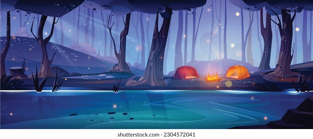 Night forest lake with campsite on bank. Vector cartoon illustration of two tents near campfire burning on glade in mysterious woods lit by moonlight, fireflies flying over water. Beautiful nature