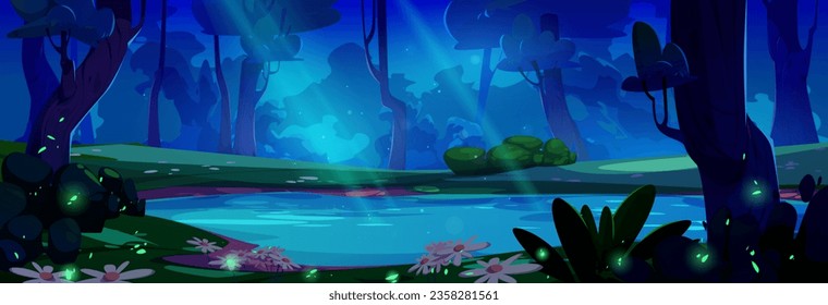 Night forest lake with firefly glow landscape background. Mysterious garden scene with chamomile, tree and green glowworm beautiful cartoon illustration. Magic moonlight ray outdoor travel design