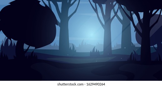 Night Forest landscape Background in the moon light. Vector Illustration