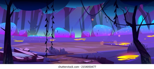 Night Forest Landscape, Cartoon Mysterious Fantasy Or Alien Planet Background, Nighttime Nature With Field, Trees, Lianas, Rocks, Neon Glowing Bushes And Yellow Spots On Ground. Vector Illustration