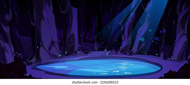 Night forest landscape with clear pond, trees and glowworms under moon light beams. Cartoon fantasy nature game background, moonlight reflection on lake. Wild dark scenery wood Vector illustration