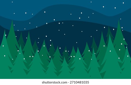 Paisaje del bosque de la noche con el fondo del invierno del efecto de la nieve que cae