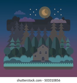  Night forest landscape with a house in flat style.Beautiful night forest scene.Vector modern flat design.