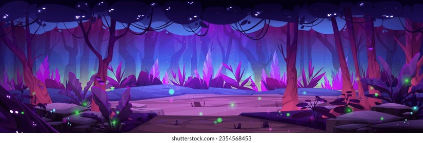 Night forest landscape with lake or swamp in moonlight with glowing fireflies. Fantasy woods landscape in cartoon vector illustration. Magic trees and bushes on banks of pond or river in woodland.