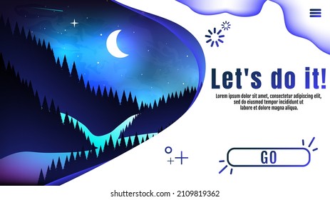 Night forest landscape with moon, stars, comets and river. Creative web or business card, poster, postcard, magazine, book cover, brochure, flyer, banner, layout, presentation, template.