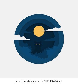 Night forest landscape. Nature concept in paper cut style. Vector illustration. 