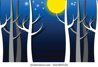 Night forest landscape with plants and trees. Dark wild wood background, mysterious place scenery. Forest edge under moonlight falling through crowns. Landscape of natural area vector illustration