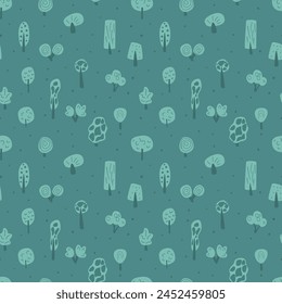 Paisaje de bosque nocturno sin patrón. Árboles de fondo interminable. Tapa monocroma de repetición de verano de estacionamiento. Naturaleza ambiente bucle ornamento. Vector plano dibujado a mano ilustración.
