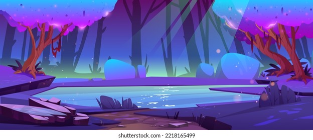 Night forest landscape with secret pond and neon glowing trees. Fantasy nature cartoon background with calm lake with moonlight reflection on surface. Wild beautiful scenery wood, Vector illustration
